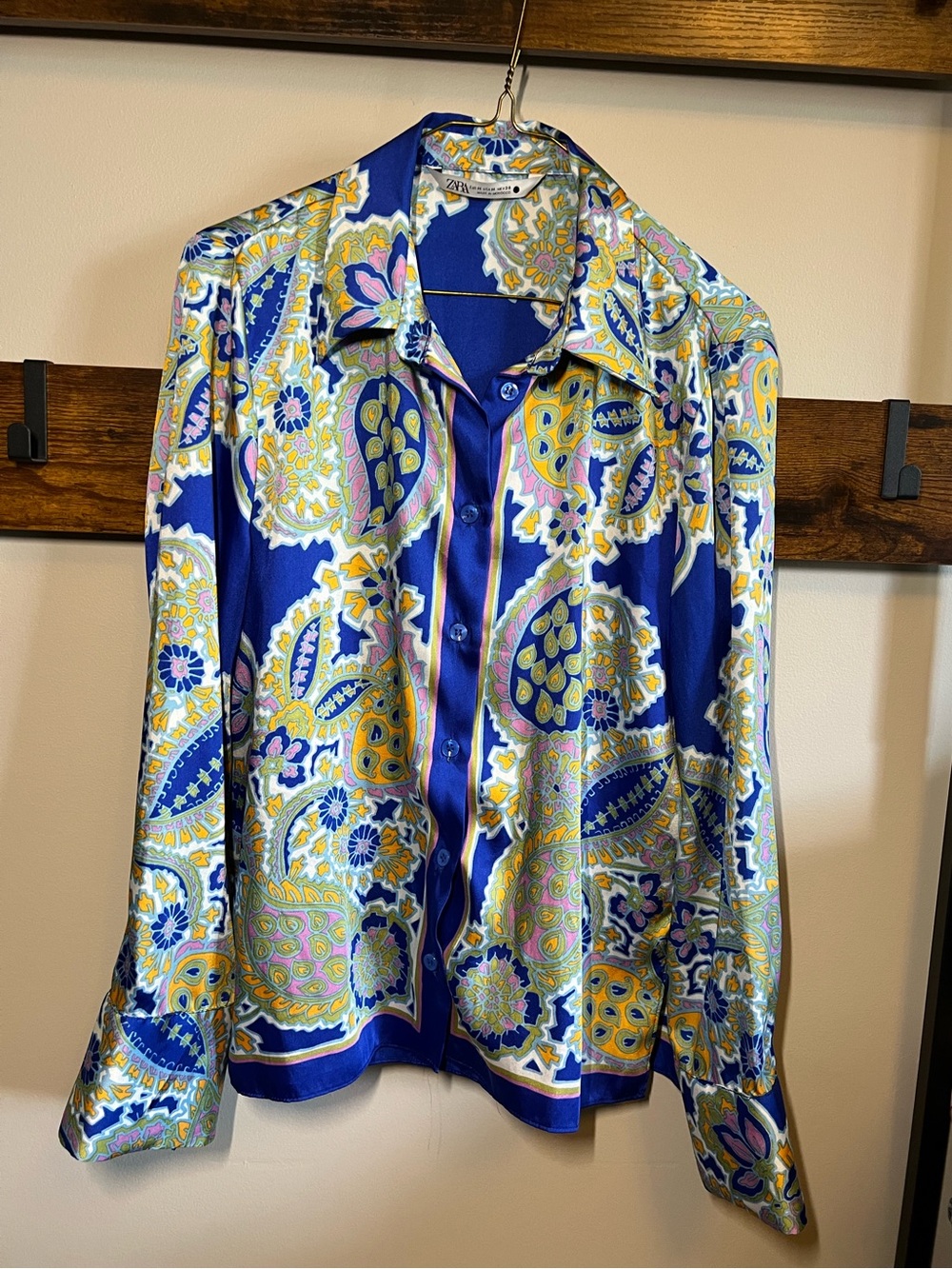 Zara Royal Blue Paisley Button-Down Shirt with Yellow and Pink Accents